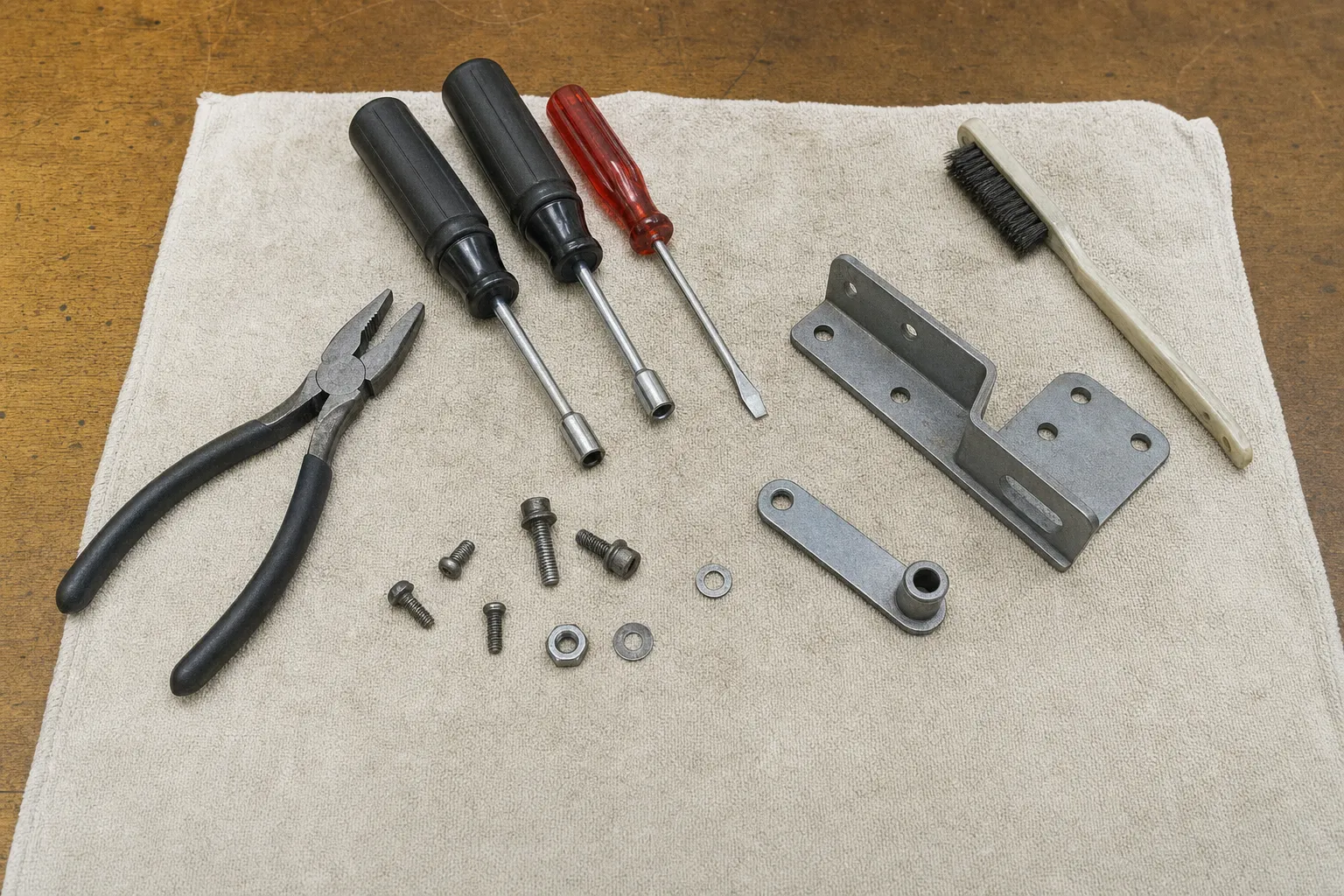 Pliers, nut drivers, a screwdriver, a wire brush and a mounting bracket with its fixings on a shop towel