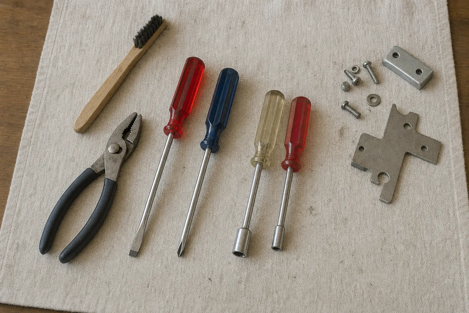 Slip-joint pliers, screwdrivers and nut drivers laid out on canvas beside two small metal brackets