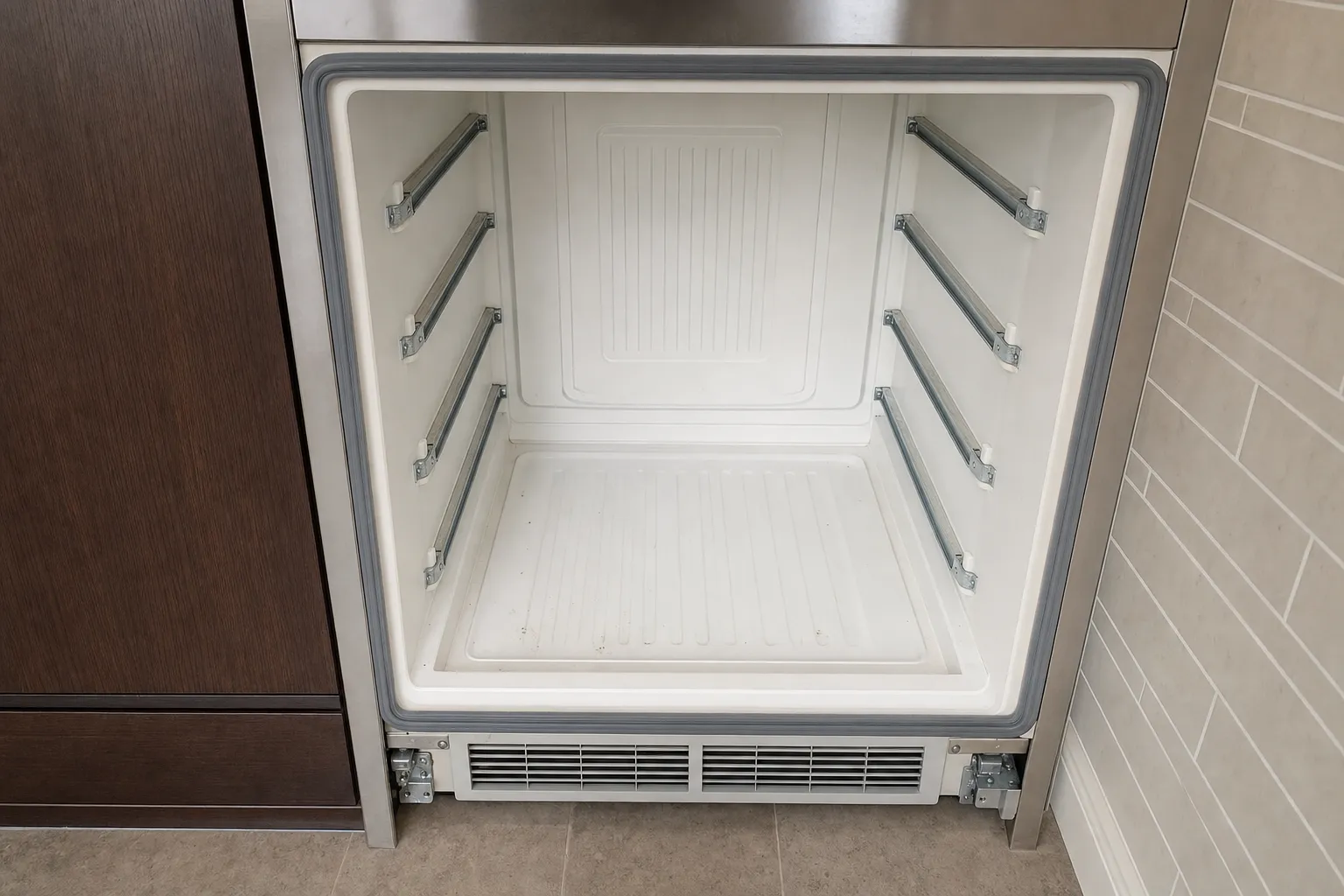 Empty undercounter refrigerator set into dark cabinetry, shelves out, door gasket and vent grille visible