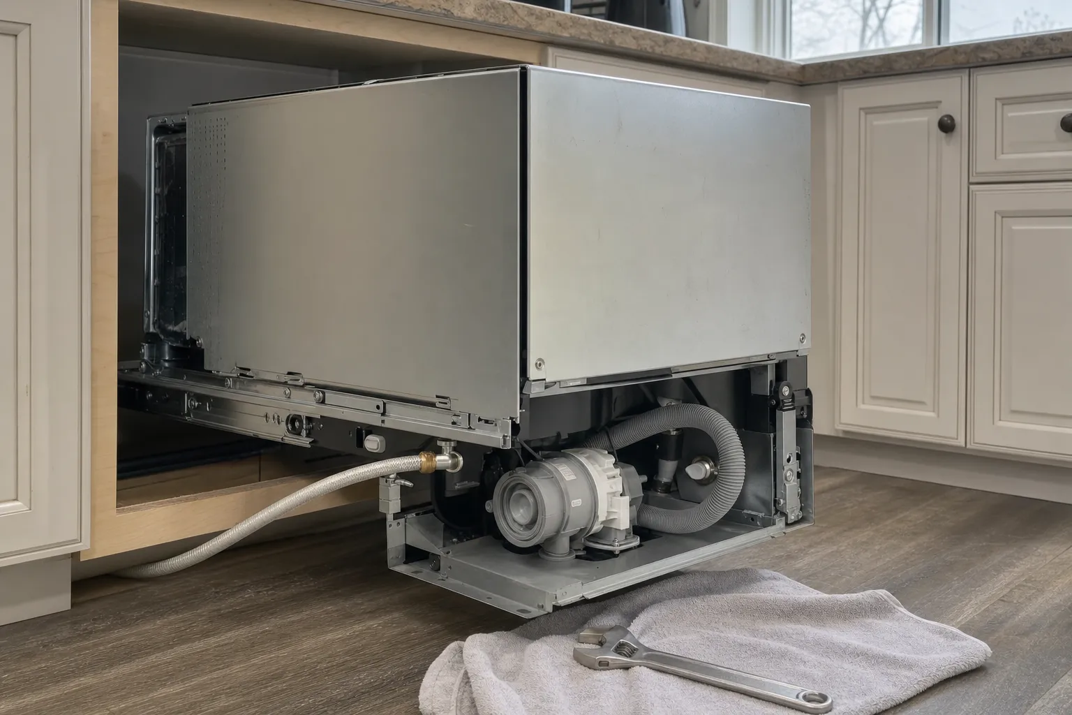 Dishwasher drawn out of the cabinet run, drain pump, hoses and base frame exposed, wrench on a towel