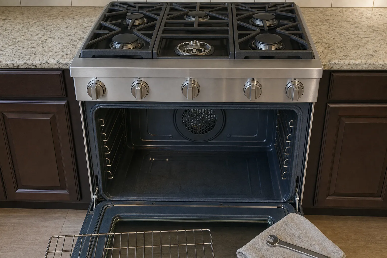 Stainless professional gas range between granite counters, oven door open and one burner cap lifted off