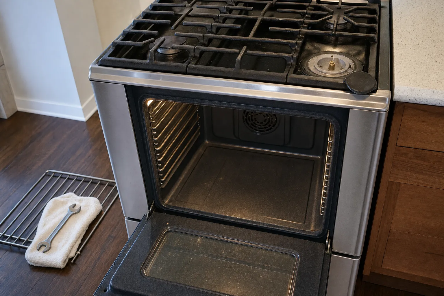 Stainless gas range mid-service, oven door down and one burner cap lifted off its base