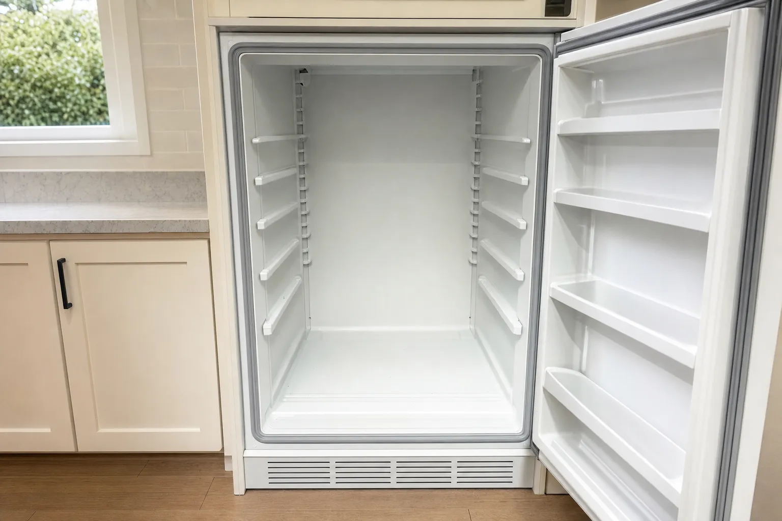 White refrigerator standing open beside cream cabinetry with its shelves removed for access