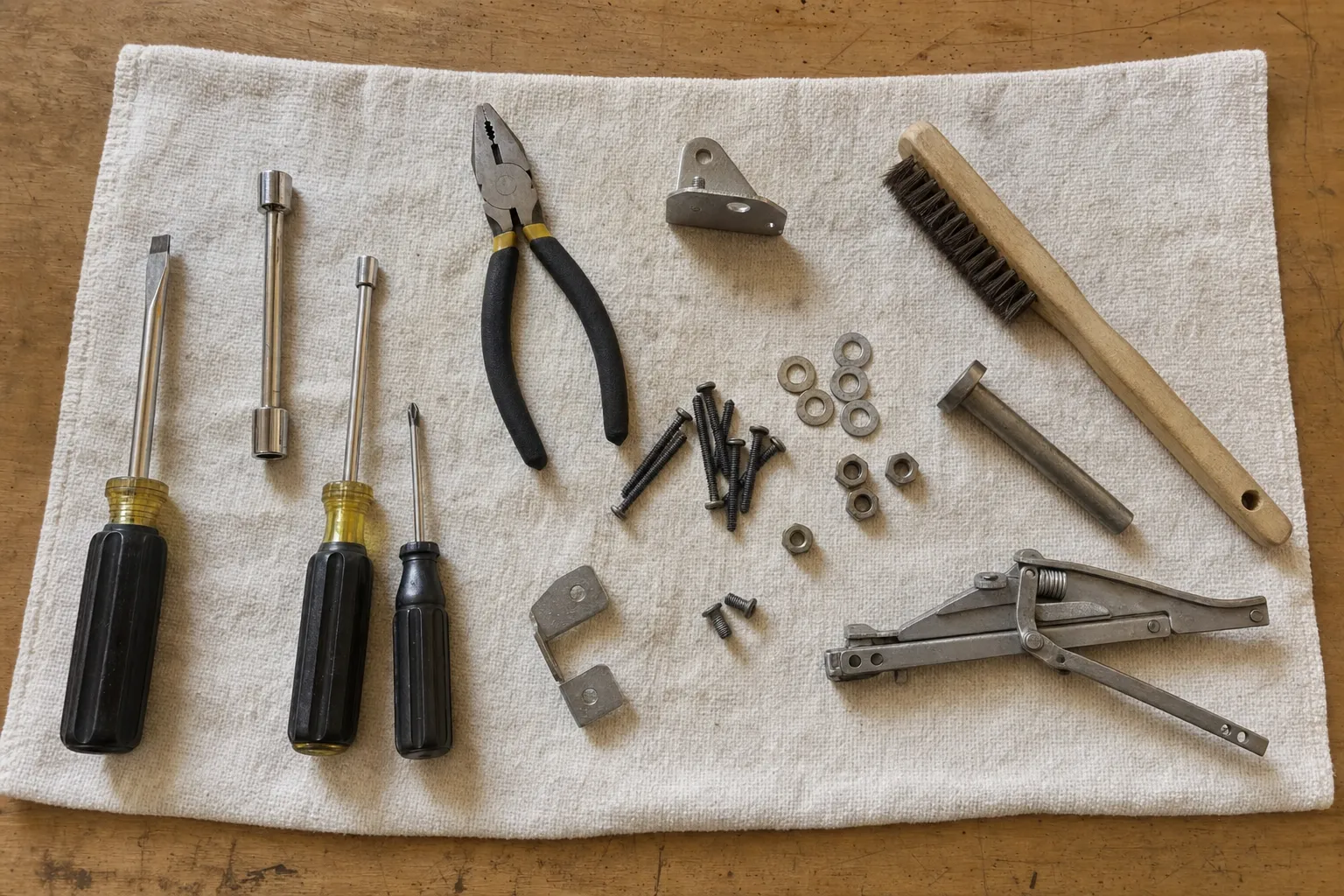 Screwdrivers, nut drivers, pliers, a wire brush and a spring-loaded door hinge laid out on canvas