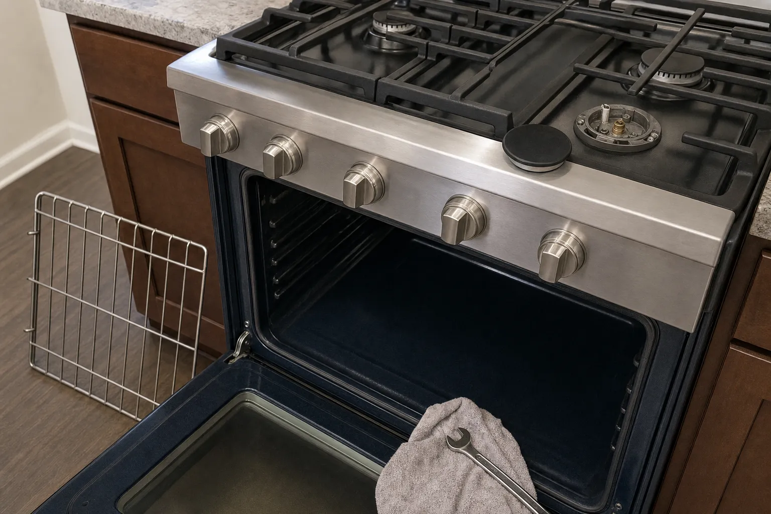 Stainless professional gas range with the oven door lowered, a burner cap lifted off and the rack set aside