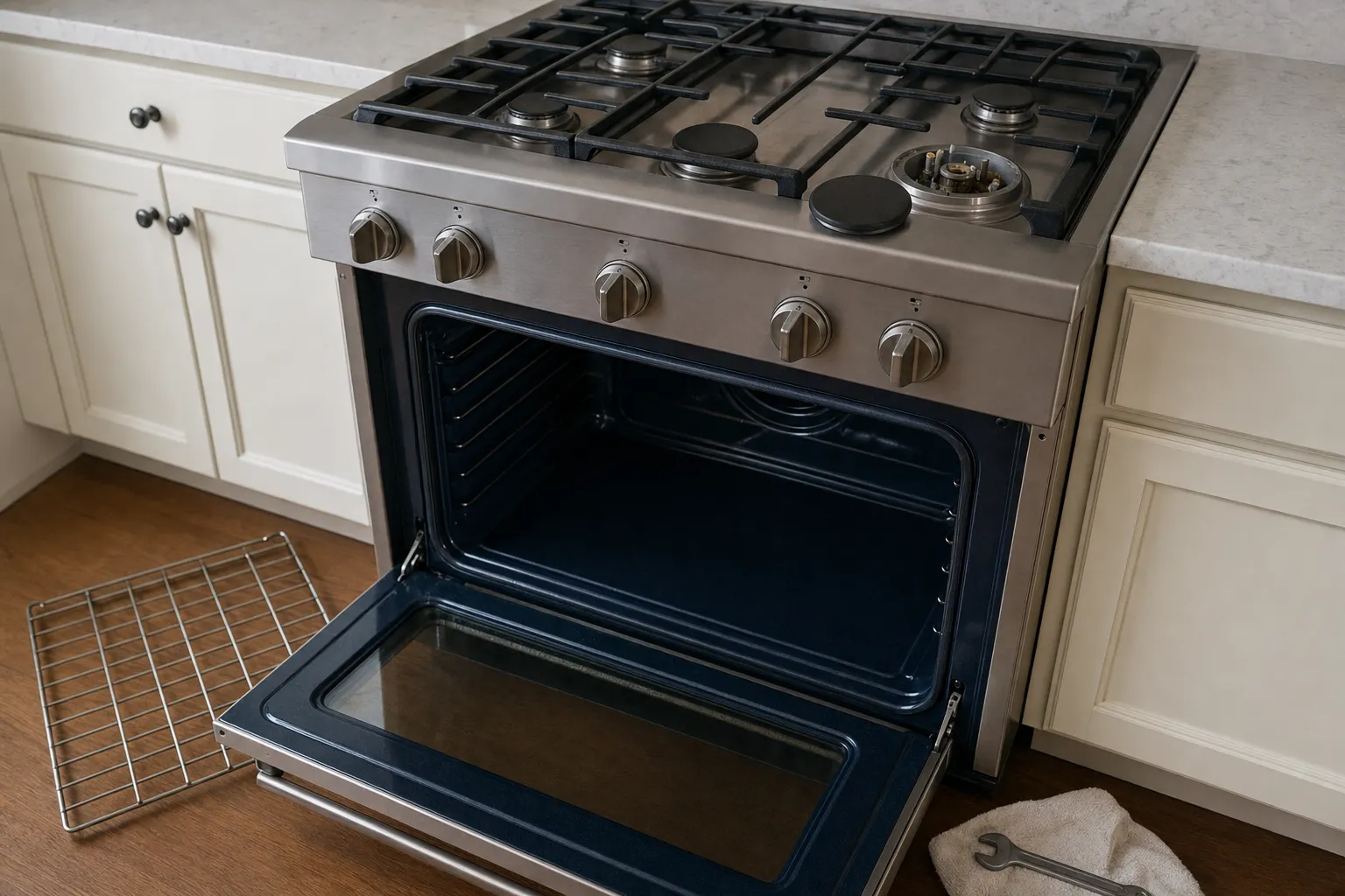 Stainless gas range between cream cabinets with the front right burner stripped to its base, oven door down on a dark cavity, rack laid on the wood floor